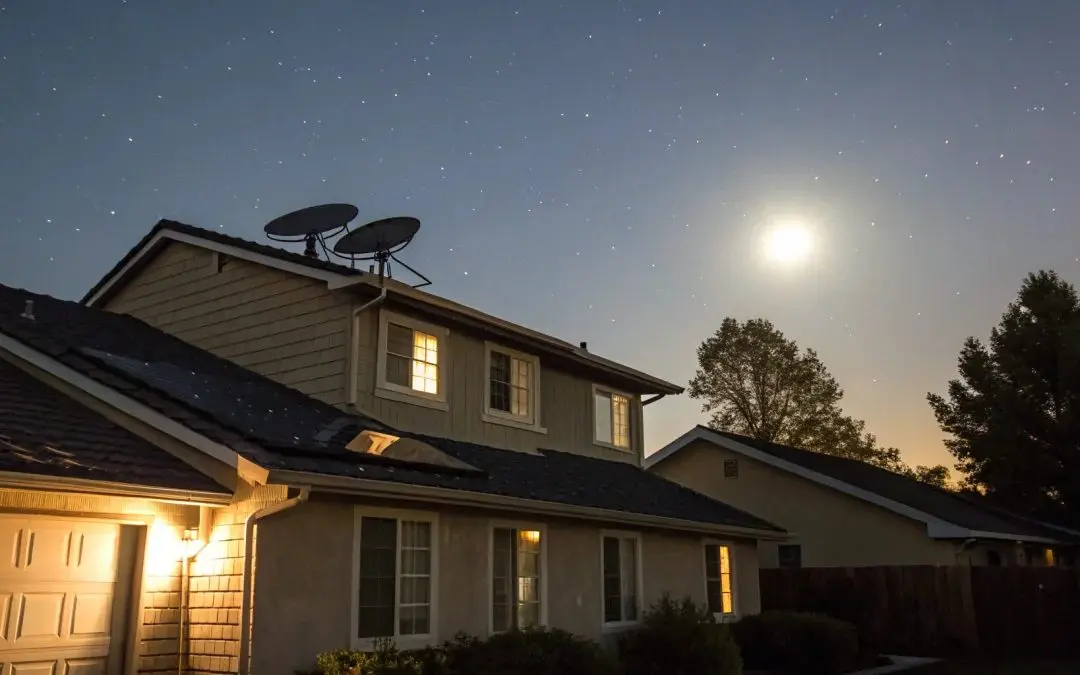 Solar attic fans on a house roof at night.