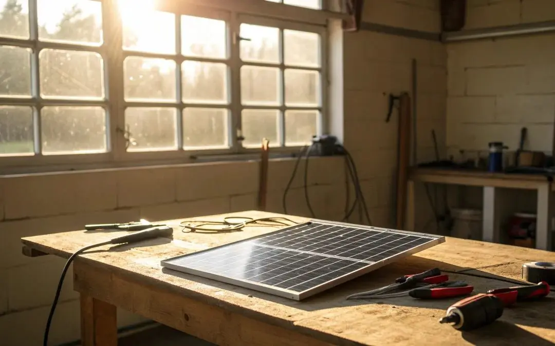 A broken solar panel on a workbench with the tools needed to fix it.