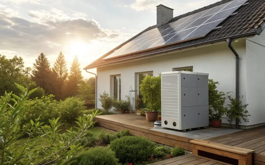 Solar panel kit with battery storage and inverter installed on a modern home.