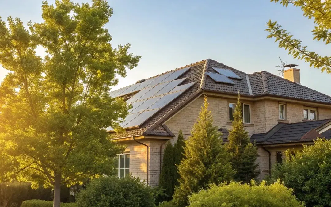 Solar panels for home installed on the roof of a modern house at sunset.