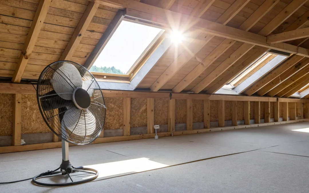 Solar attic fan venting hot air from attic.