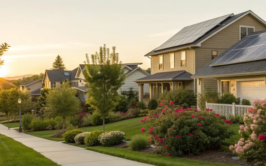 Solar panels on suburban rooftops.