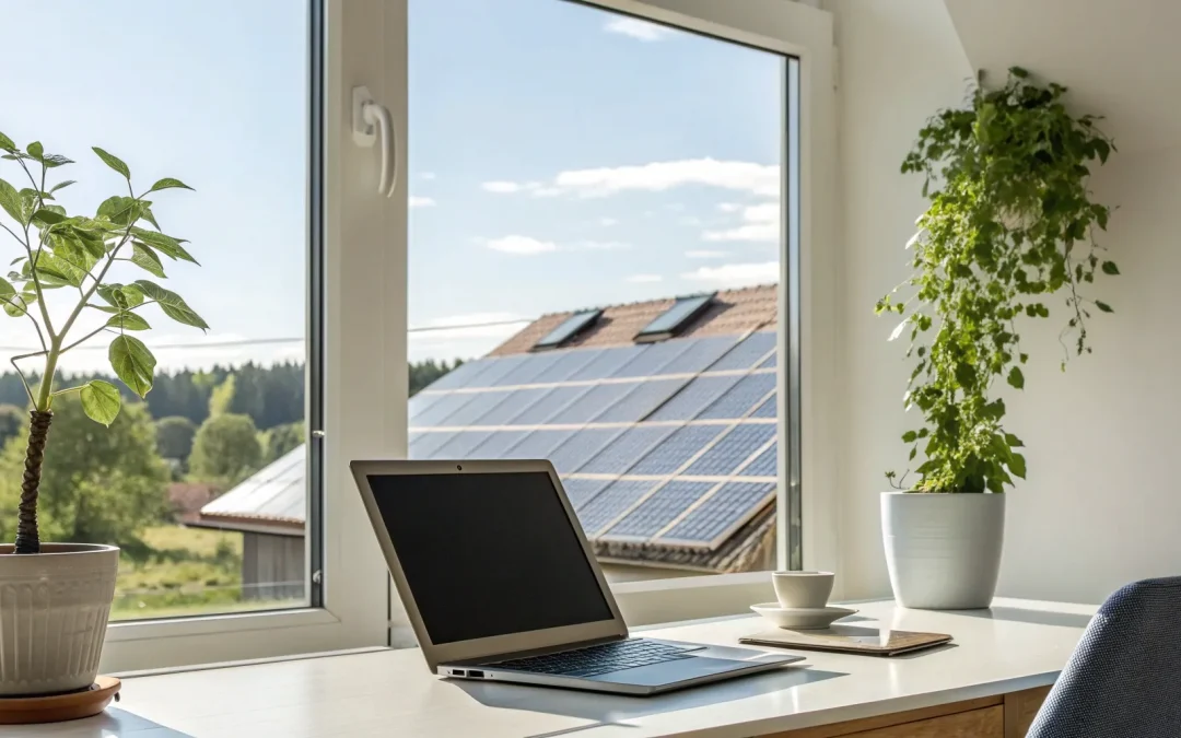 Comparing solar panel quotes online on a laptop with solar panels visible through a window.