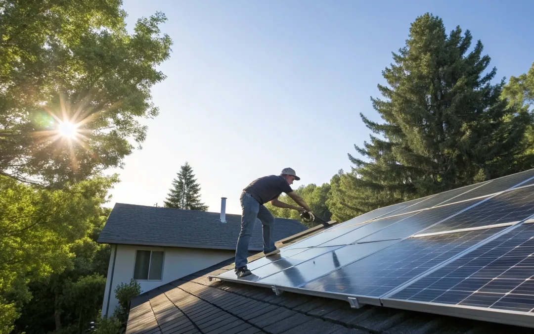 A worker performing solar panel maintenance on a residential roof.