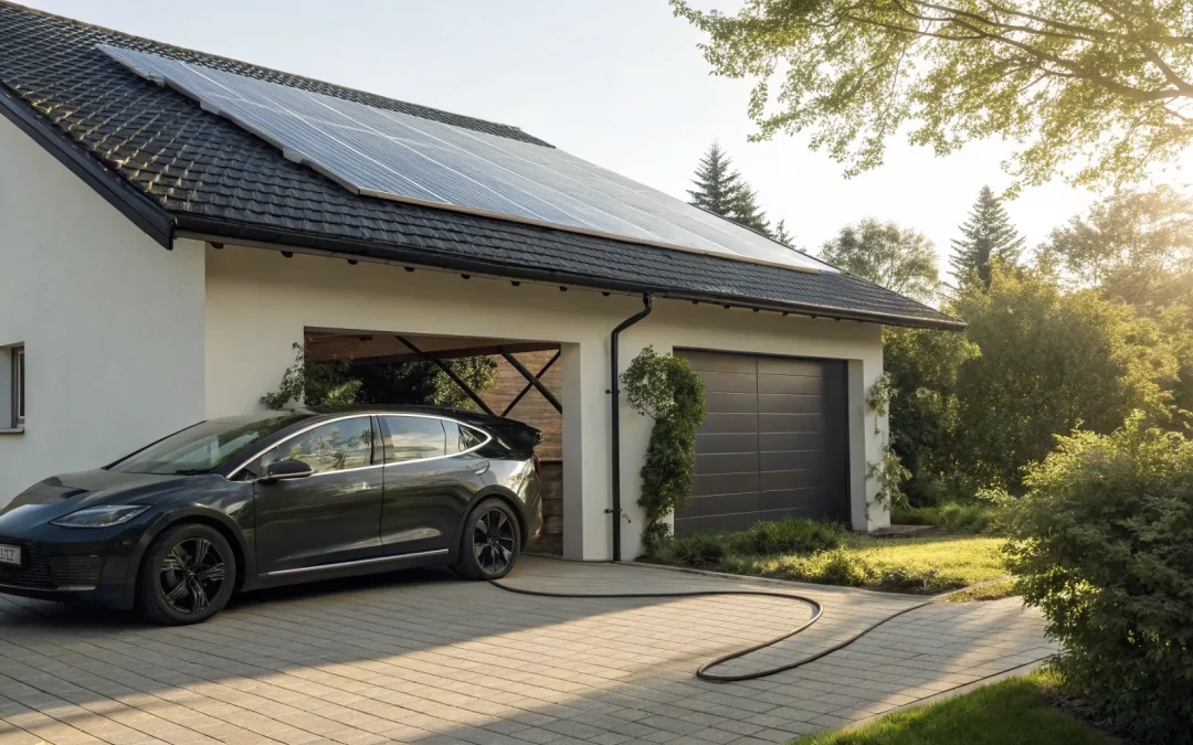 An electric car charging in a driveway with a solar powered EV charger and rooftop solar panels.
