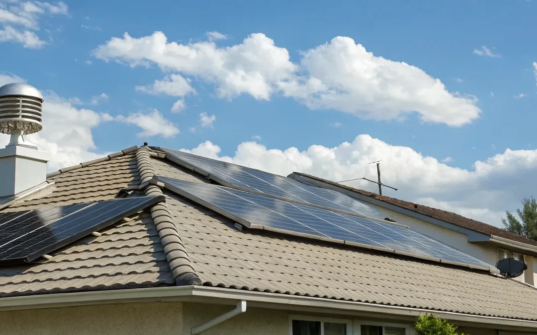 A solar powered gable vent fan on a home's gable improving attic ventilation.