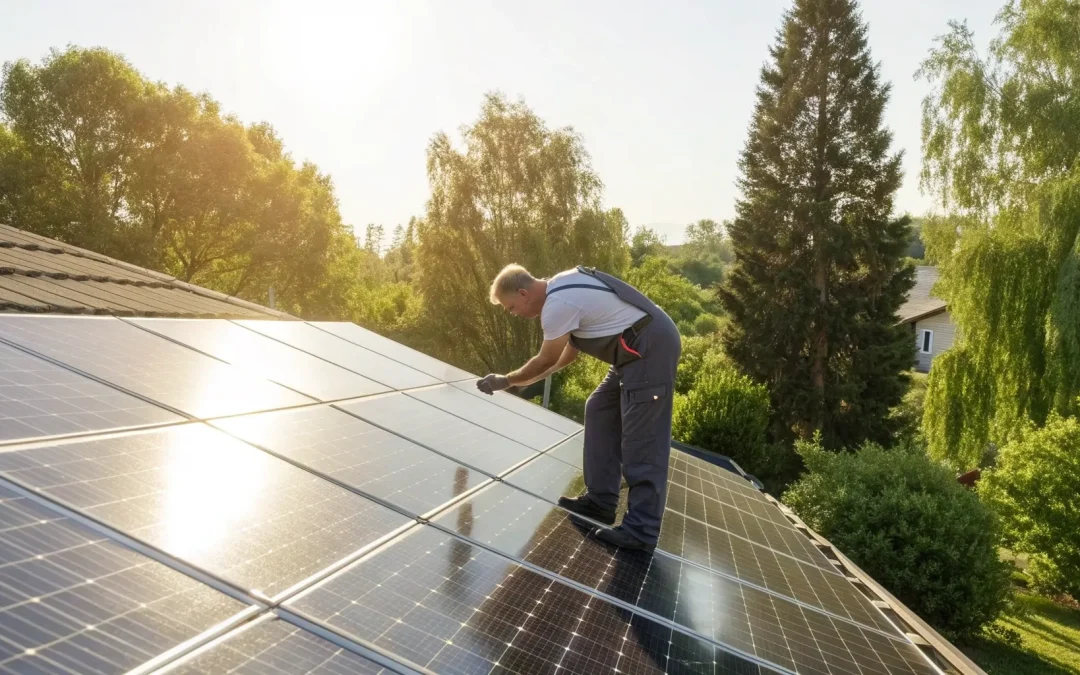 Solar panel repair technician on a residential roof.