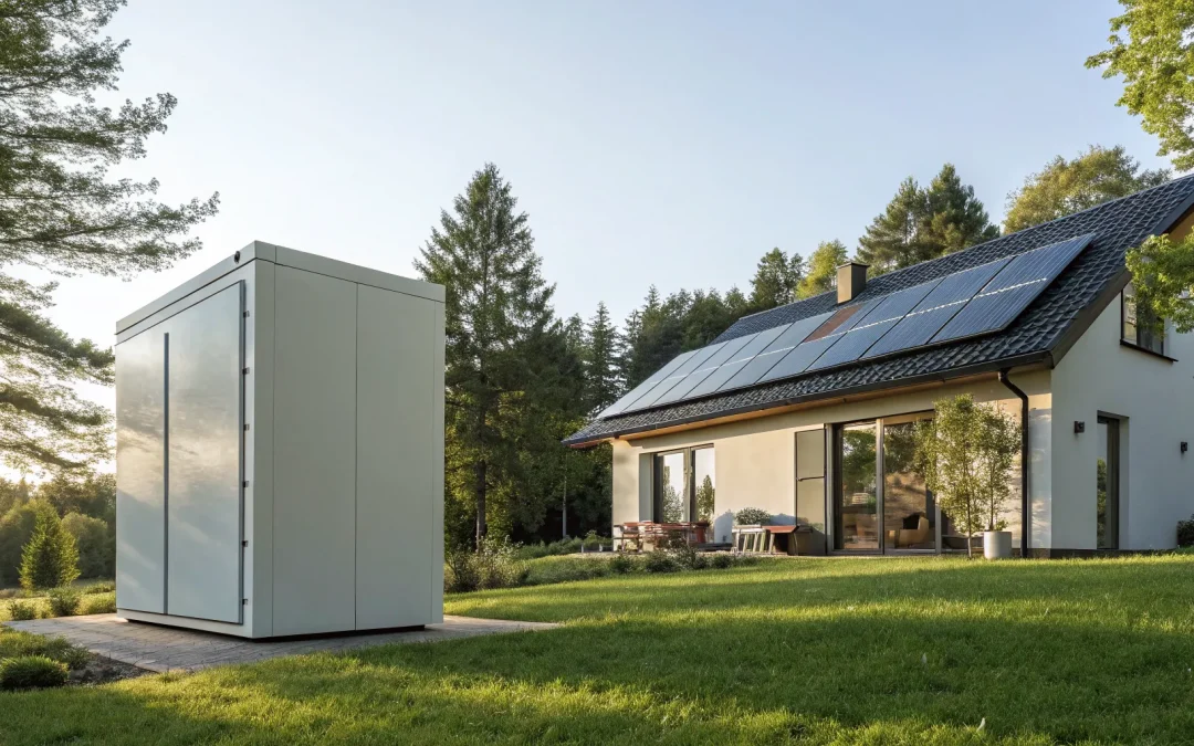 Home storing electricity from solar panels in an outdoor battery storage system.