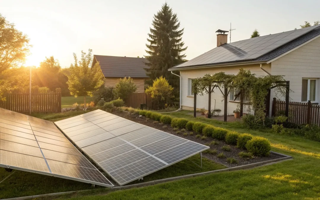 Residential ground mounted solar panels in a yard next to a home with a rooftop solar system.