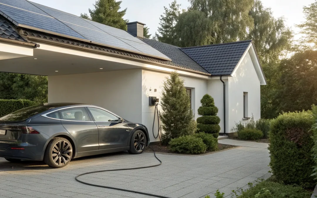 A solar EV charger kit charging an electric car at a home with solar panels.