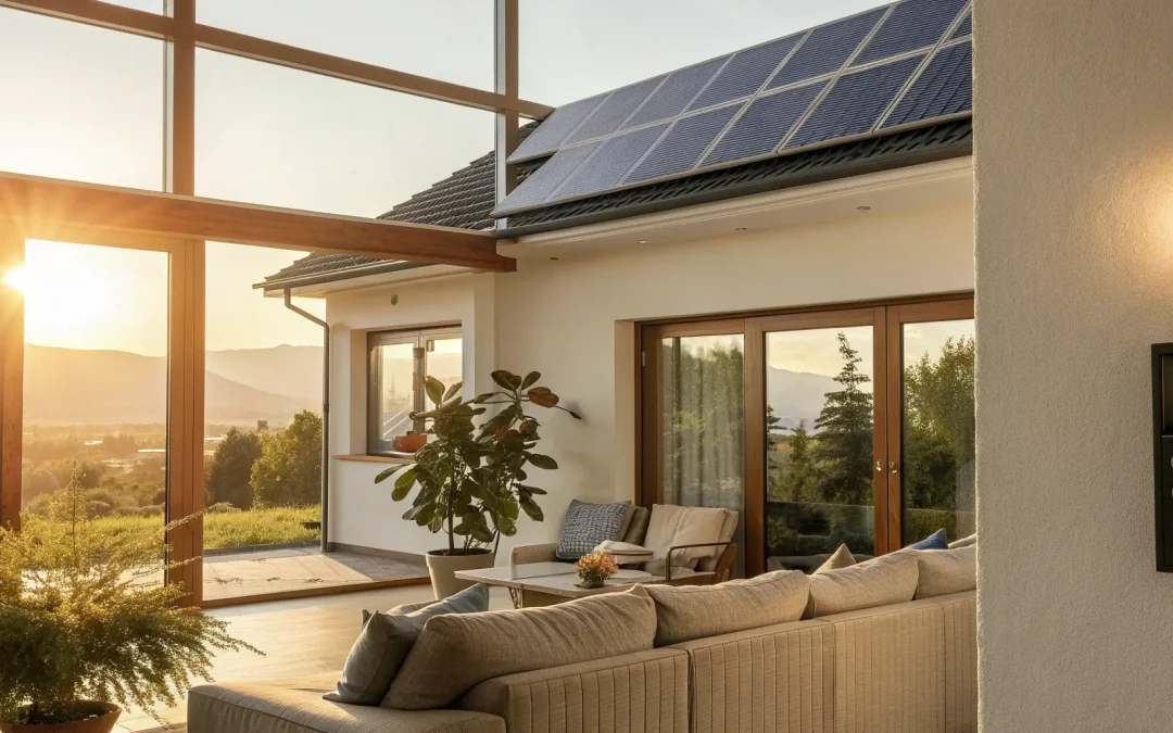 An energy-efficient home with solar panels, a key money-saving benefit of an energy audit.