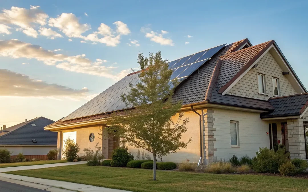 Modern home with a new roof and solar panels after a combined replacement project.