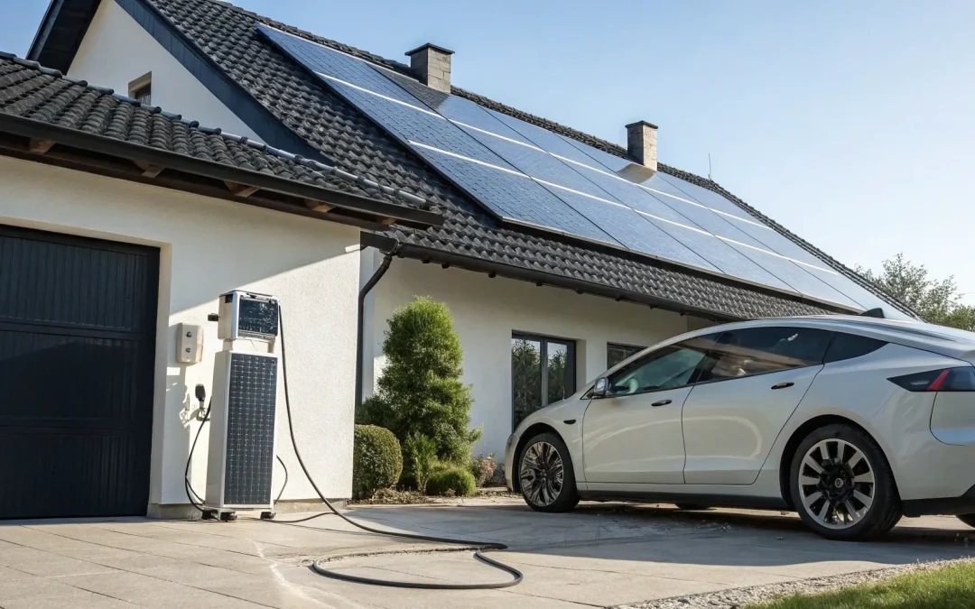 An electric vehicle charging at home using a solar EV charging system.