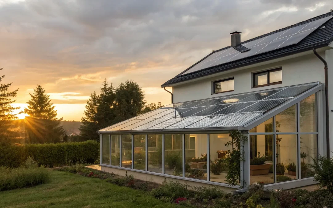 Home with rooftop solar panels generating power for a solar battery storage system.