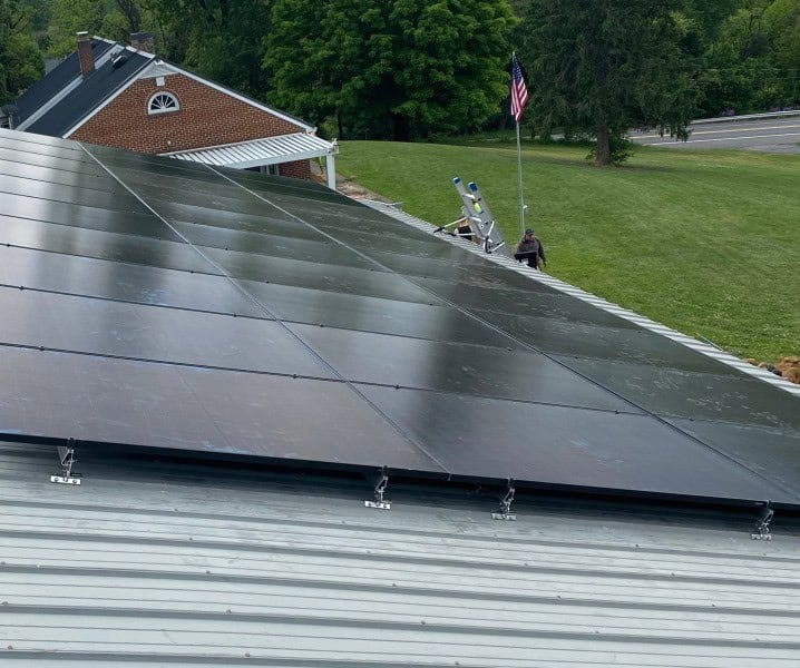 Solar panels installed on a sloped metal roof in Boonsboro, Maryland